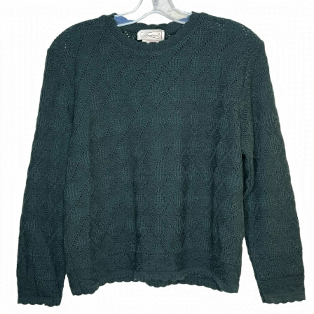 VINTAGE Tradition Knit Sweater Green Scalloped Hem Acrylic Perforated Design